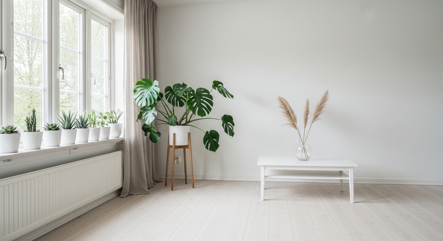 Scandinavian living room with monstera on pine stand and succulent windowsill.