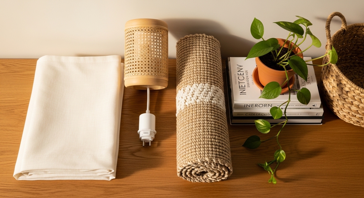 Budget-friendly studio bedroom decor items styled in a flat-lay arrangement