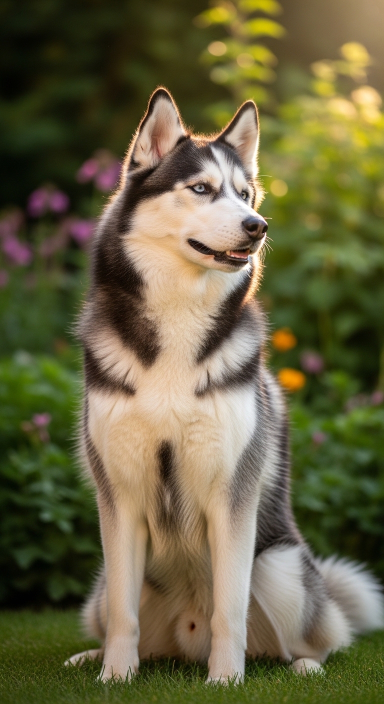 well-groomed siberian husky sitting proudly in sunlit garden