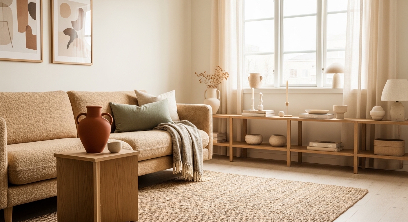 Warm neutral color palette in small apartment living room
