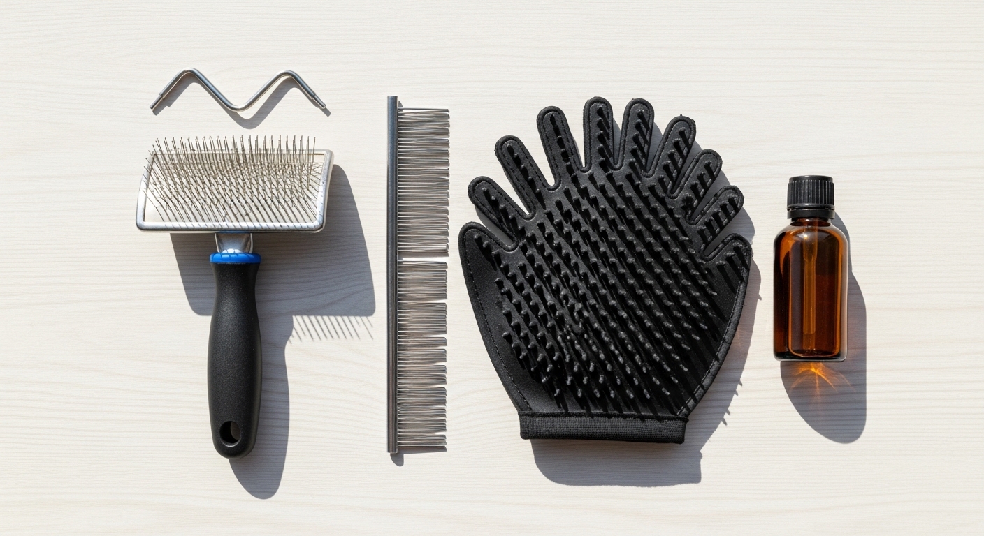 cat grooming tools and omega supplement on wooden surface