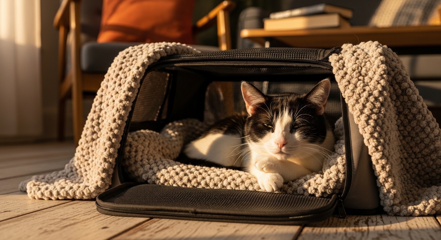 relaxed cat resting comfortably inside open pet carrier