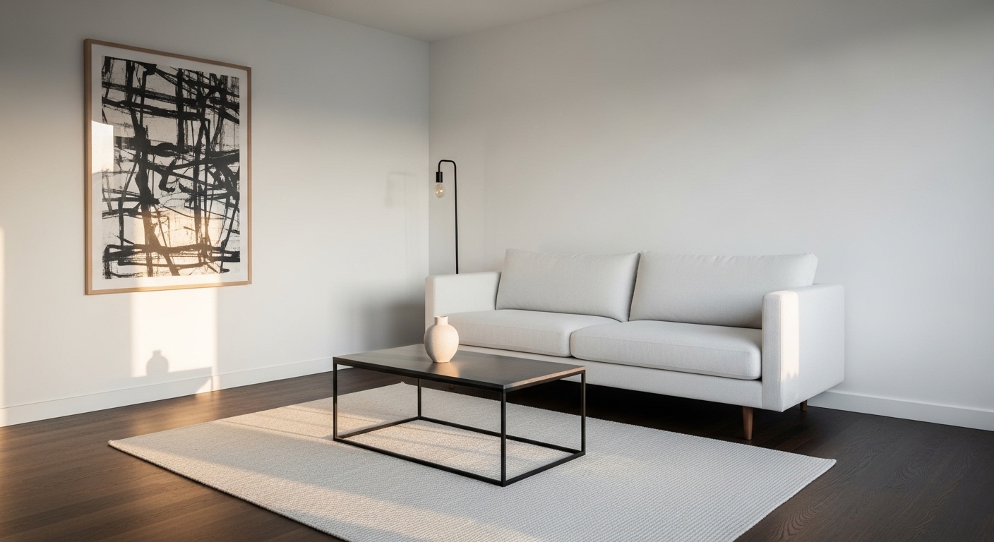 Minimalist living room with dark walnut floors and white sofa