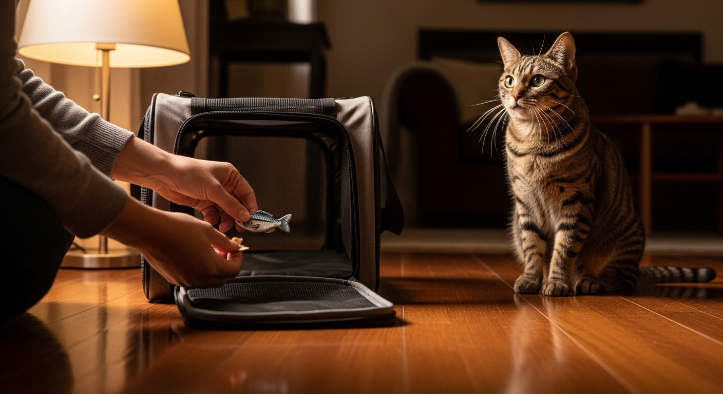 person placing treat inside open cat carrier, curious cat watching
