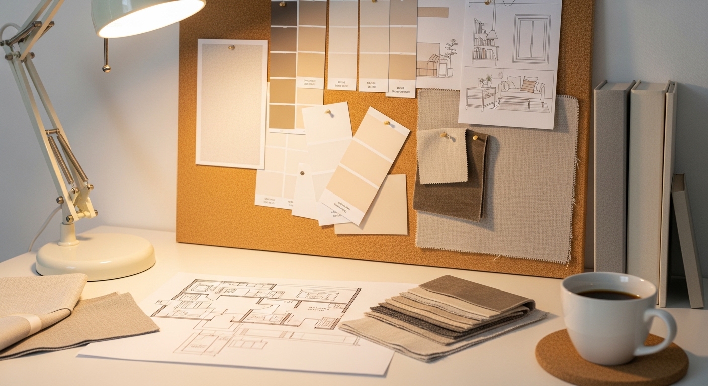Interior planning desk with paint swatches, fabric samples, and floor plan sketch