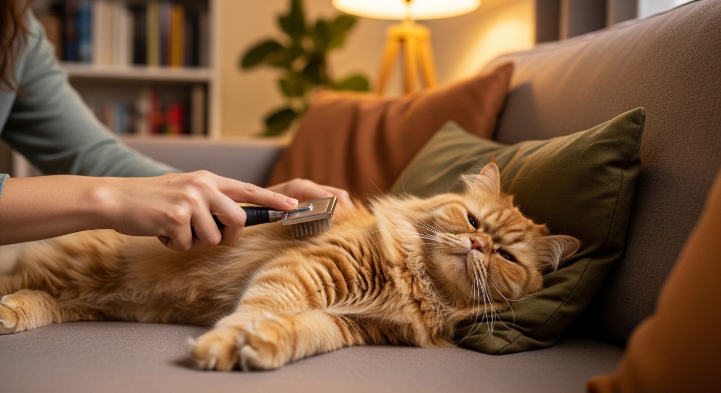 person gently brushing fluffy orange Persian cat on couch