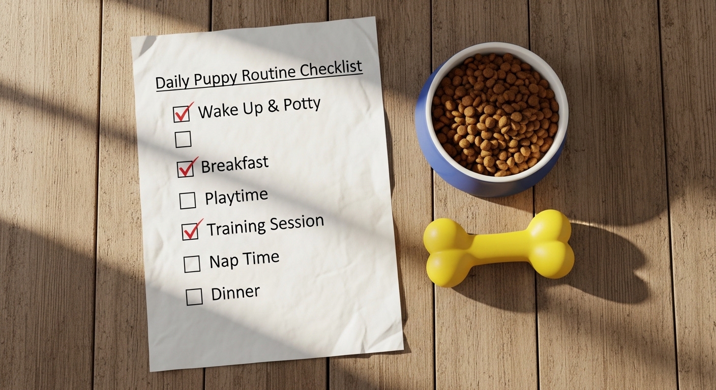 puppy routine checklist with kibble bowl and chew toy