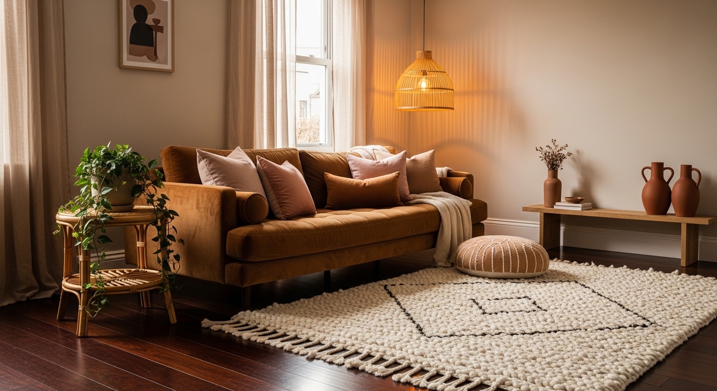 Cozy neutral living room with dark floors and velvet sofa