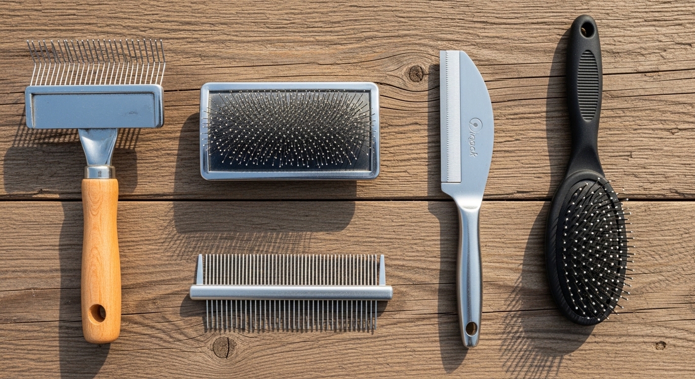 flat lay of dog grooming tools on wooden surface overhead view