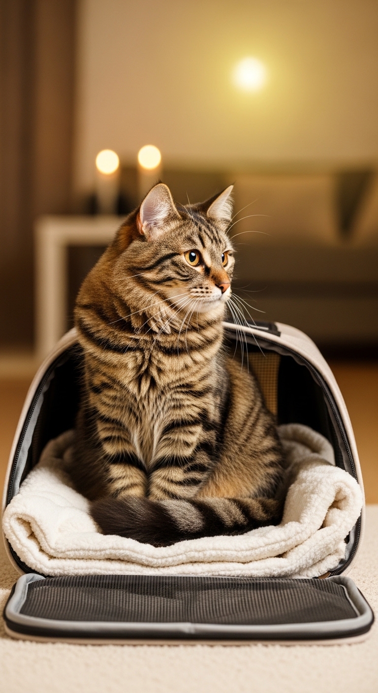 content tabby cat sitting peacefully inside cozy open carrier