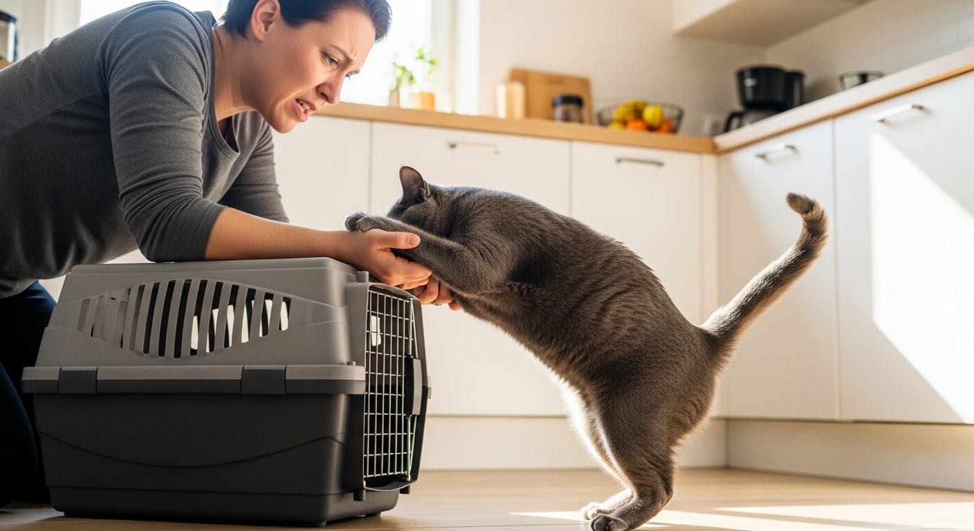 person struggling to put resistant gray cat into carrier