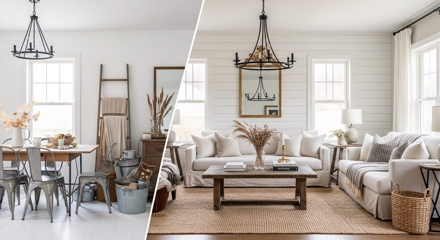Comparison of cluttered versus curated modern farmhouse living room styling
