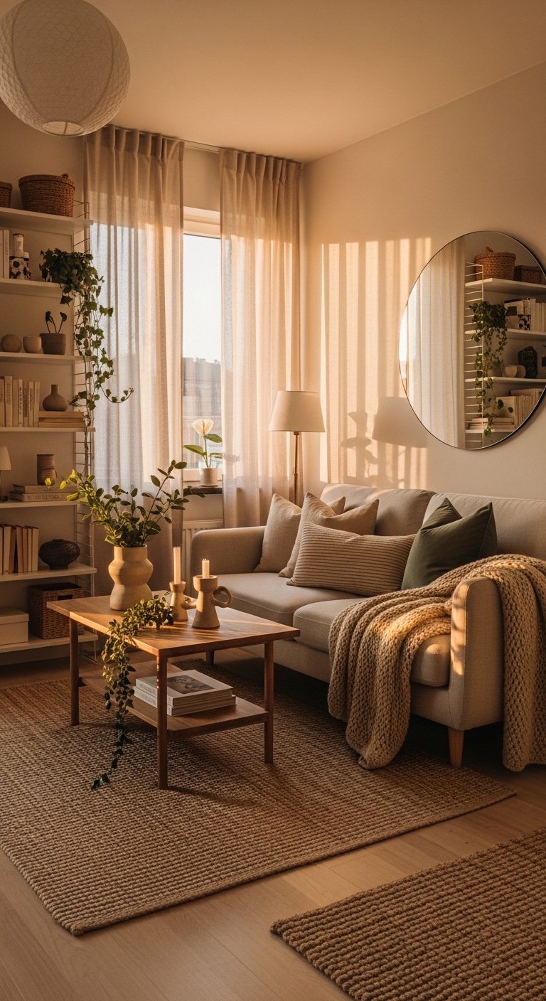 Golden hour small apartment living room with boucle sofa and linen curtains