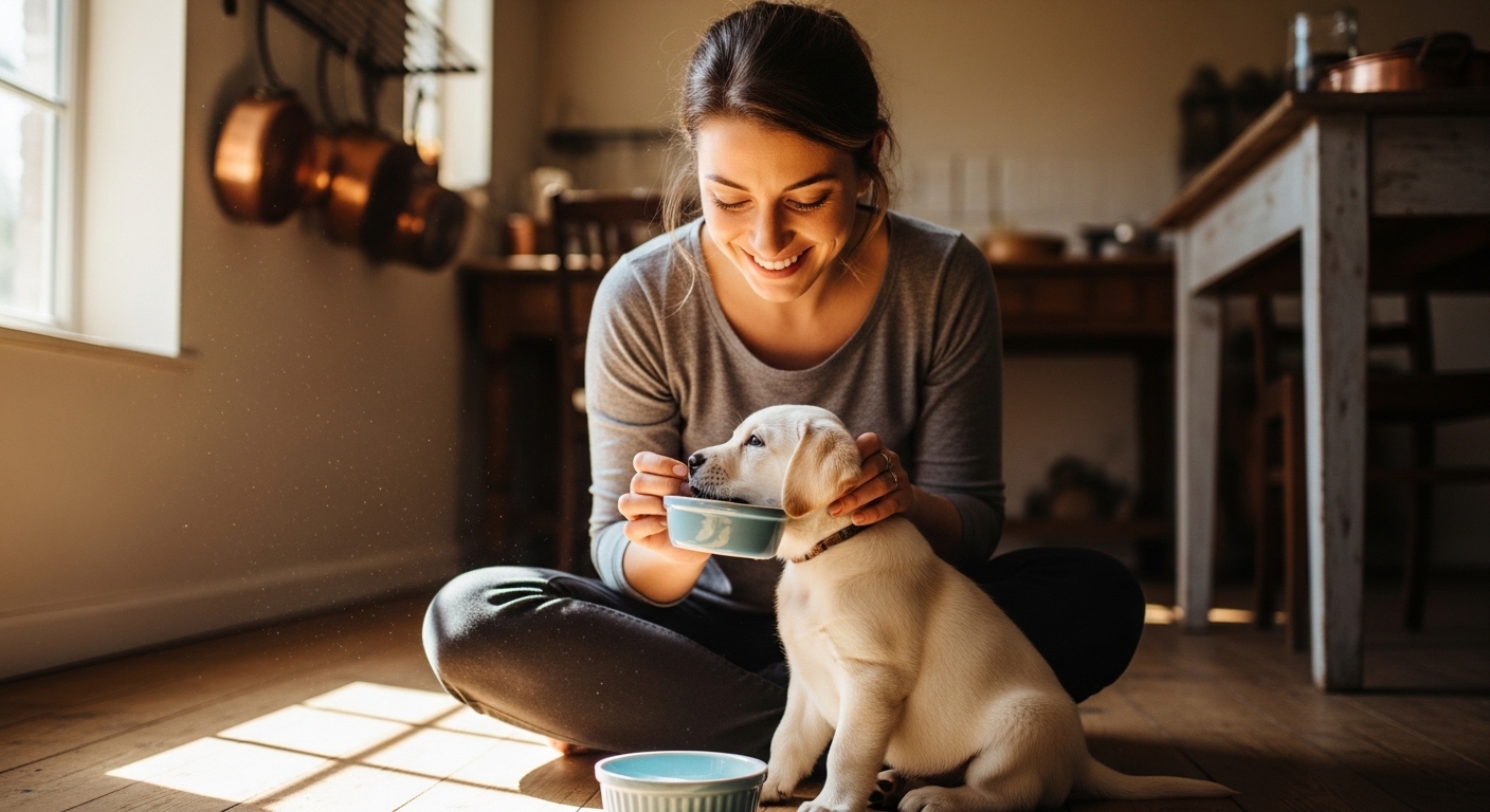 woman hand-feeding labrador puppy on kitchen floor