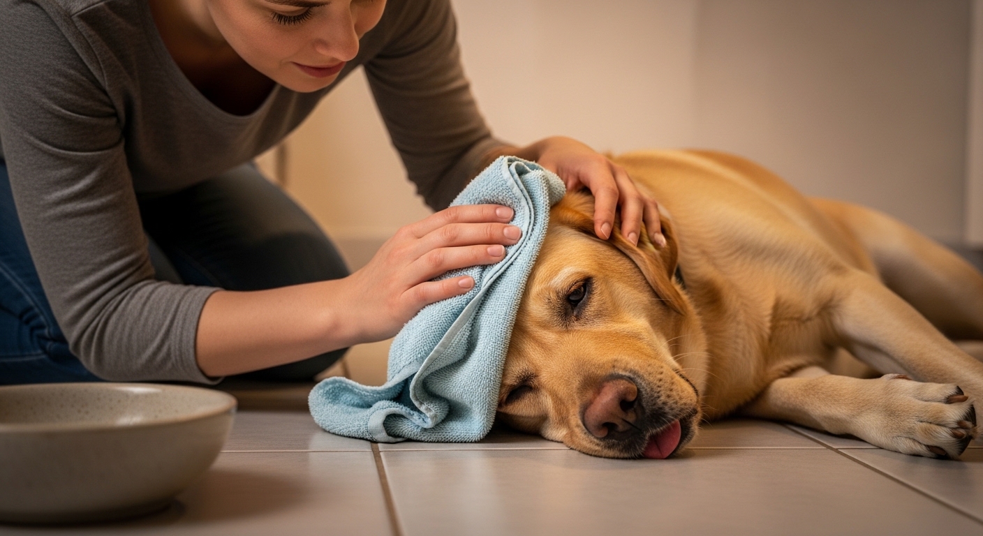 owner cooling lethargic dog with damp towel on tiled floor