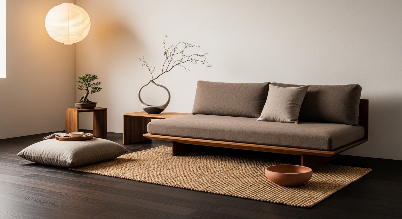 Japandi living room with dark oak floors and low sofa