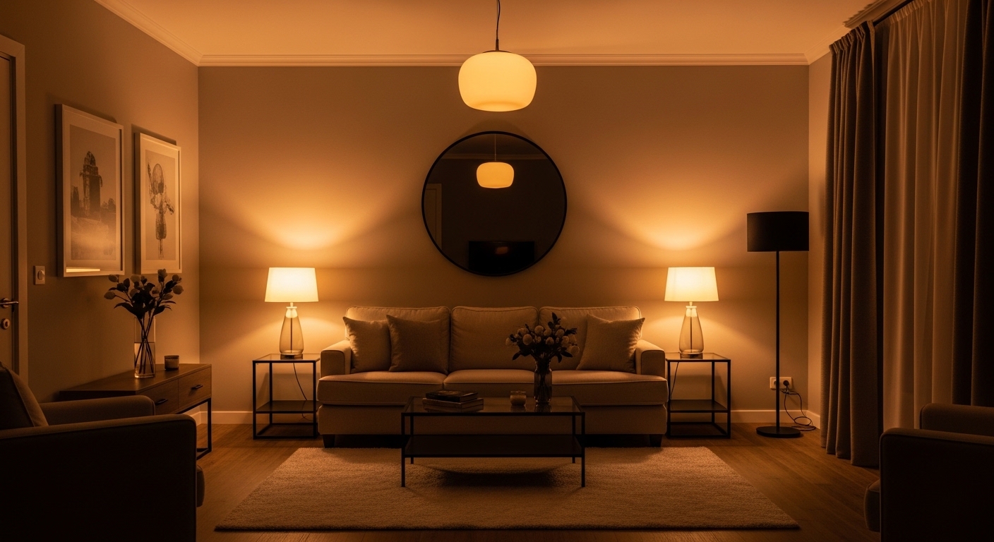 Cozy windowless living room glowing with warm layered artificial lighting