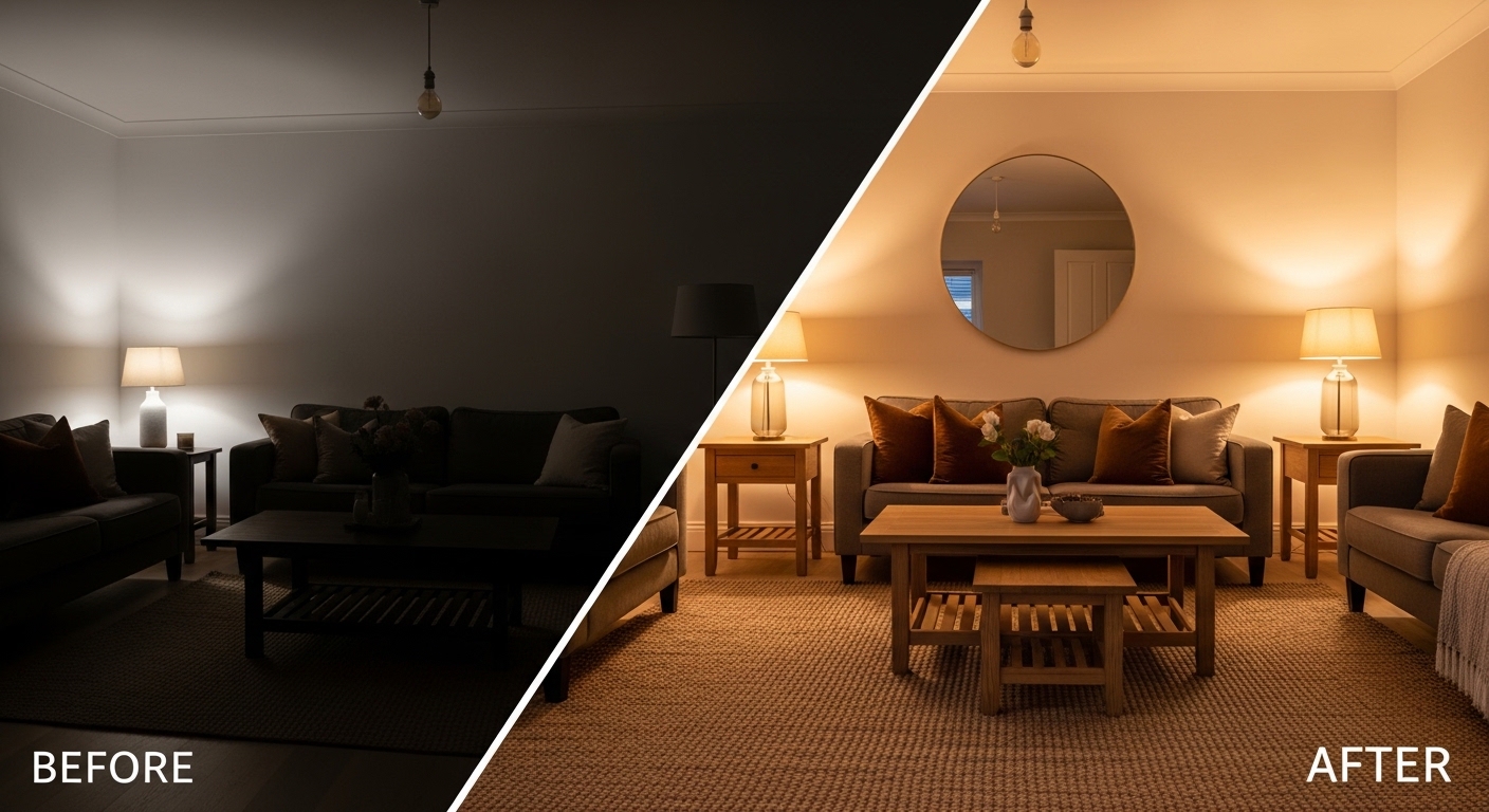 Before and after living room transformation from dark to bright and welcoming