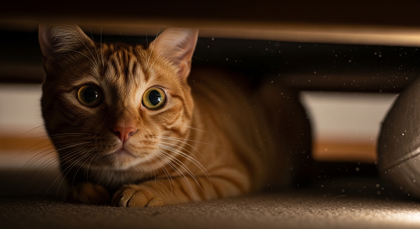 anxious orange cat hiding under bed, wide eyes