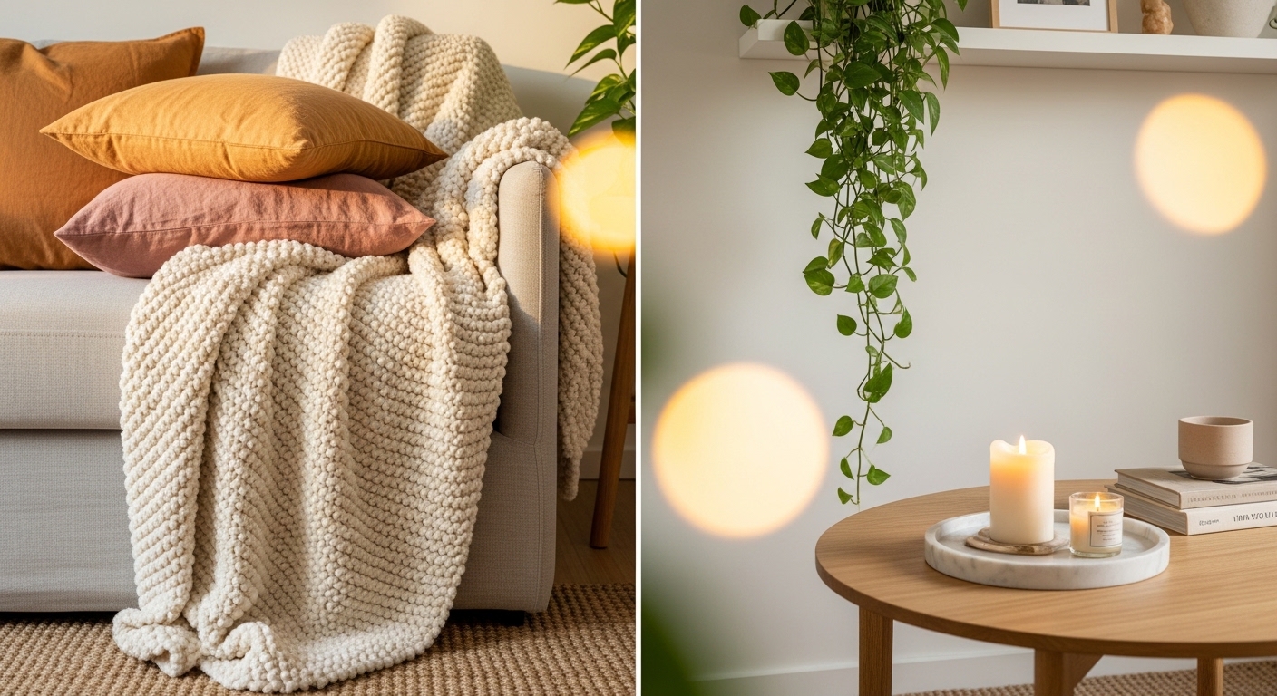 Cozy small living room corner with plants, throws, and styled coffee table