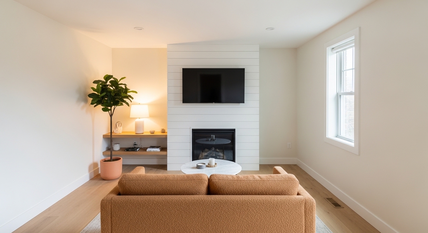 Small apartment living room with shiplap fireplace wall, TV, and boucle sofa.