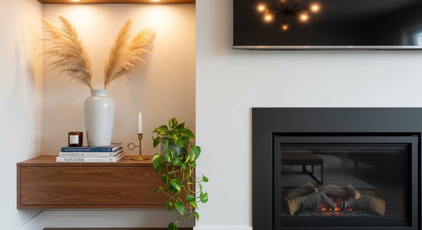 Styled fireplace mantel with floating media shelf, ceramics, and dried botanicals.