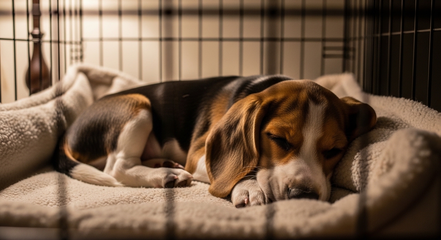 sleepy beagle puppy curled up in cozy dog crate
