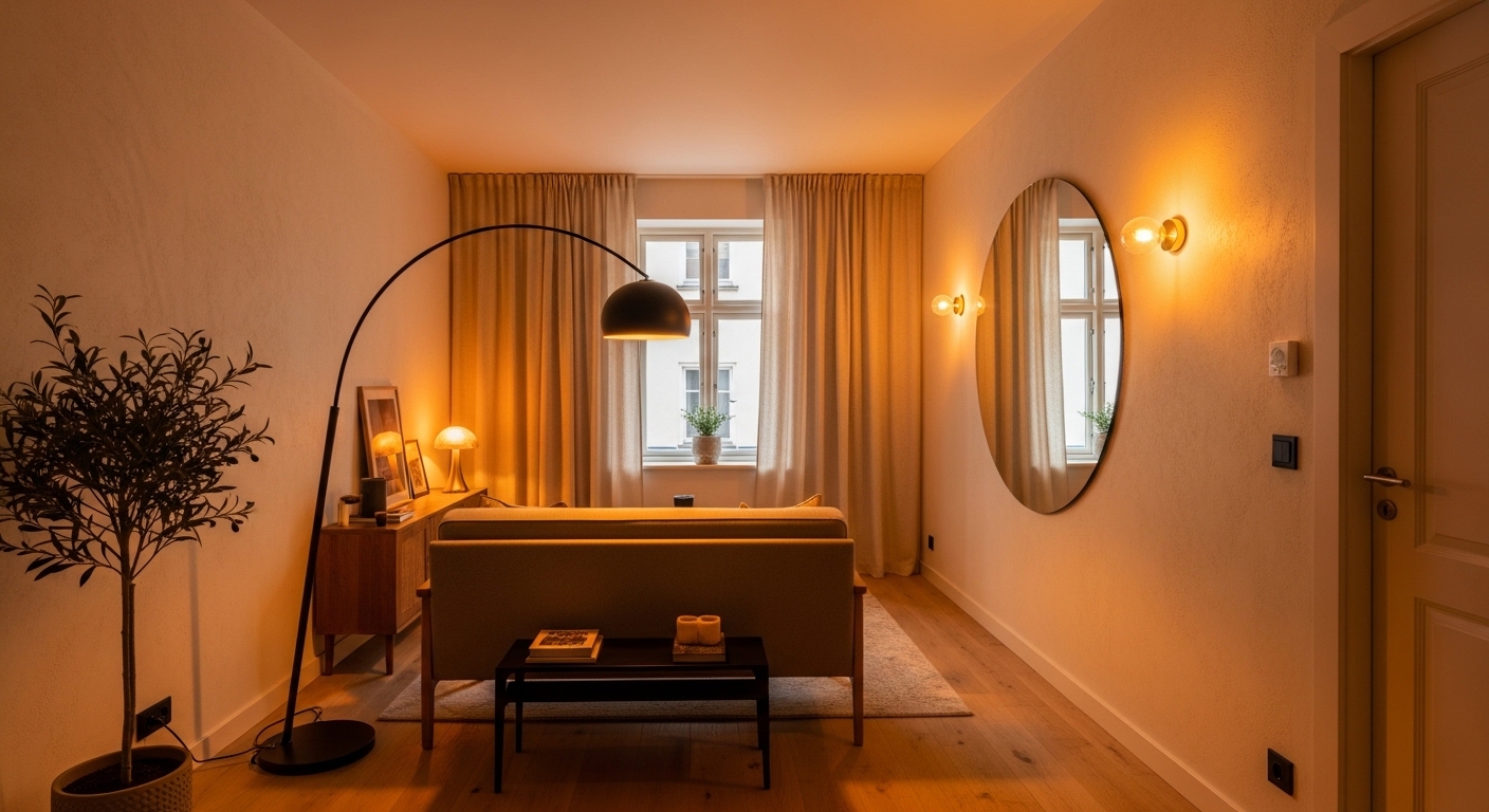 Layered lighting with arc lamp and mirror in small living room