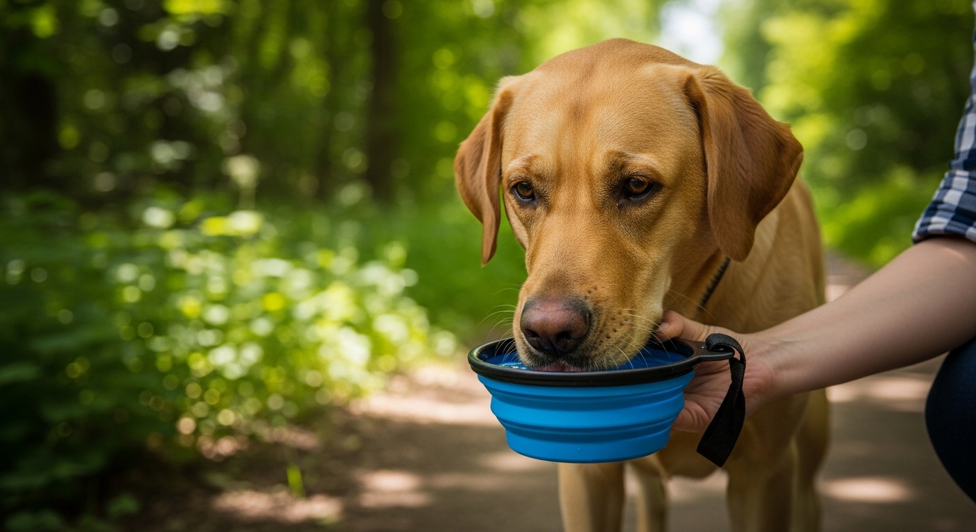 Labrador drinking from travel water bowl on shaded park trail