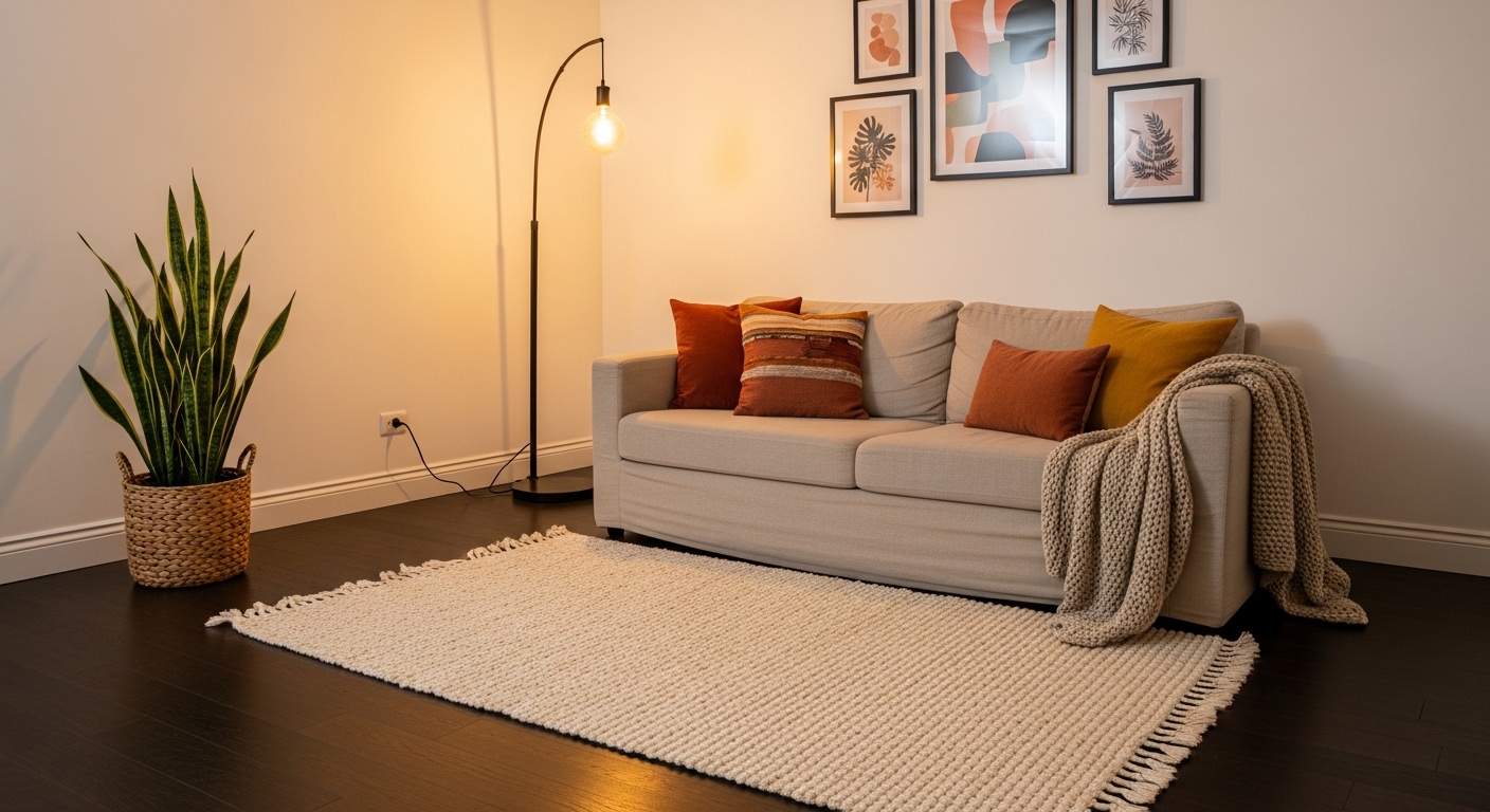 Budget living room with dark floors and jute rug