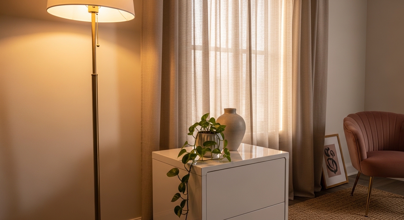 Styled living room corner with torchiere lamp, faux window curtains, and plants