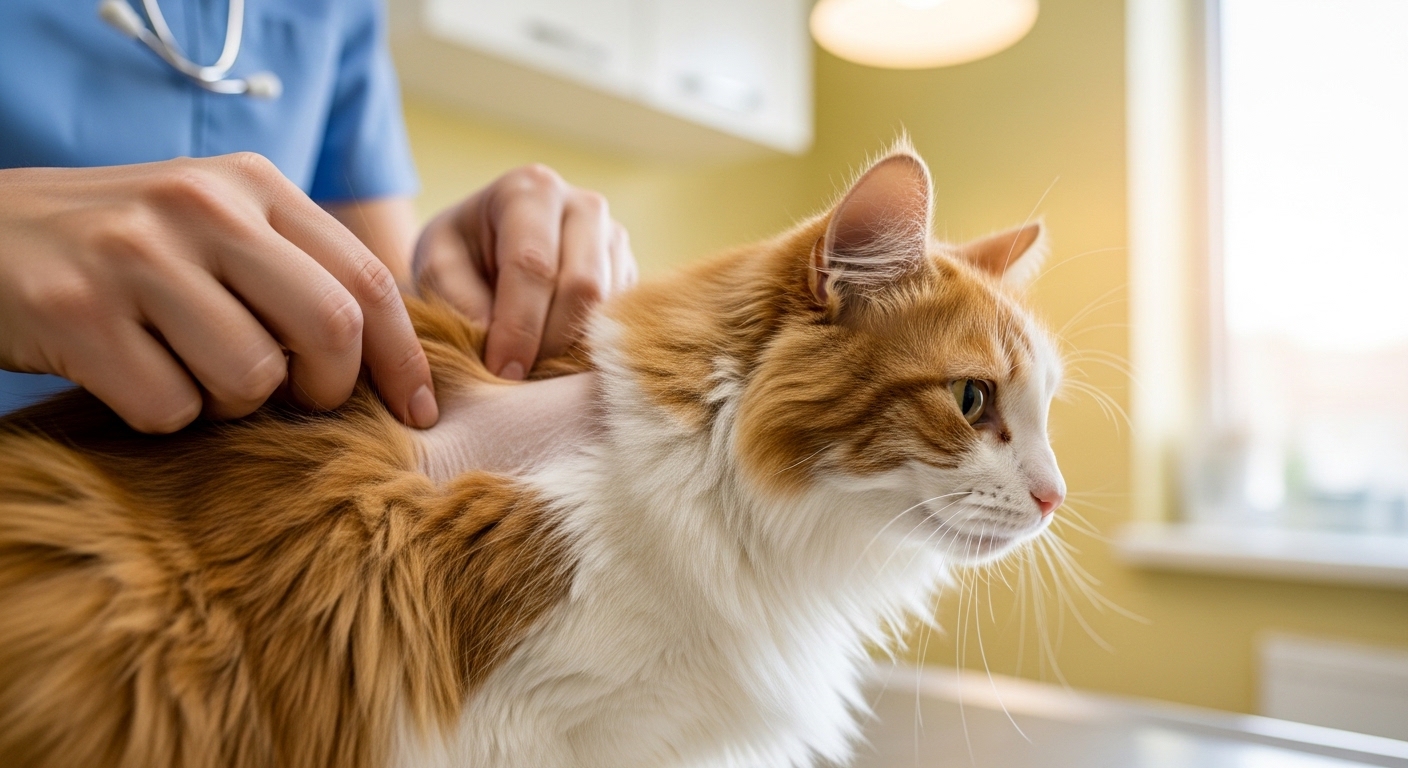 veterinarian examining cat fur during wellness checkup in clinic