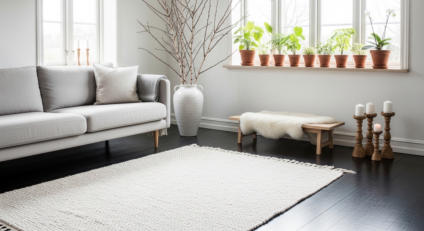 Scandinavian living room with dark floors and pale linen sofa