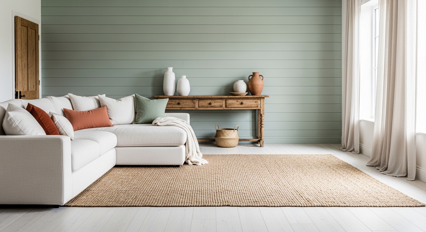 Sage green shiplap wall with cream linen sectional and terracotta accents