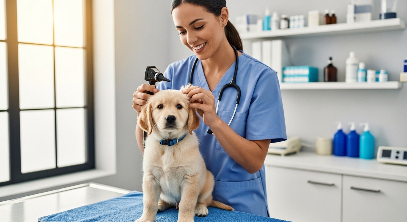 veterinarian examining small fluffy puppy on exam table