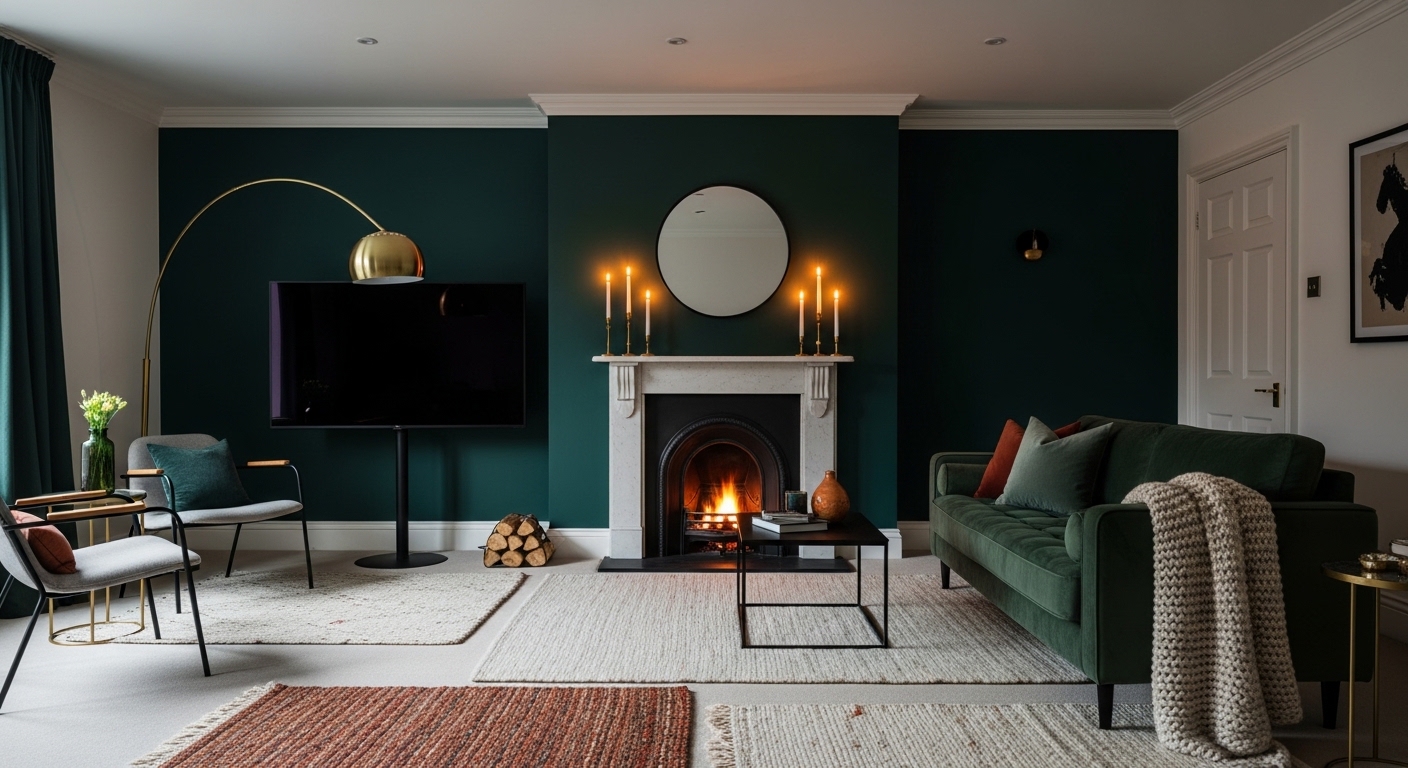 Moody green living room with fireplace, TV wall, velvet sofa, and brass accents.