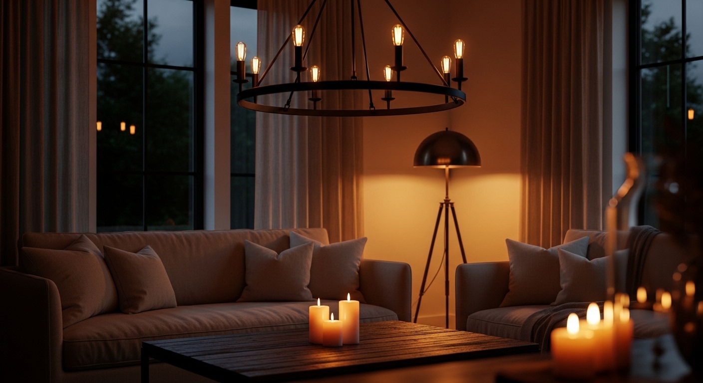 Cozy farmhouse living room at evening with chandelier and candlelight