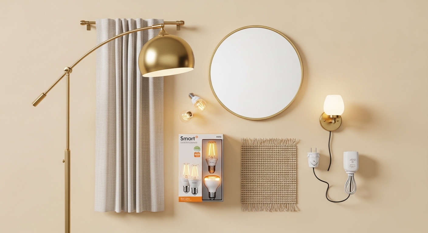 Curated product flat lay for brightening a windowless living room