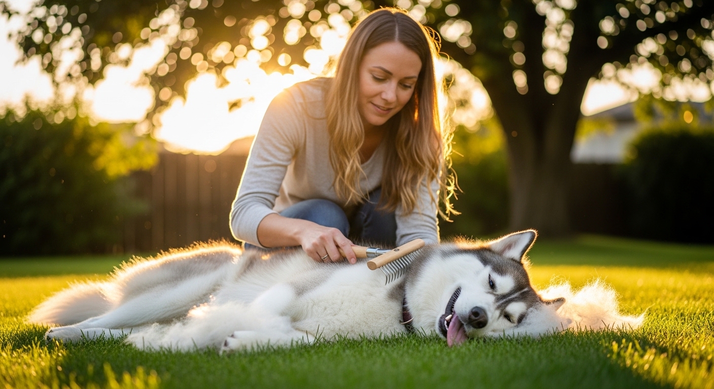 woman brushing husky with undercoat rake in sunny backyard