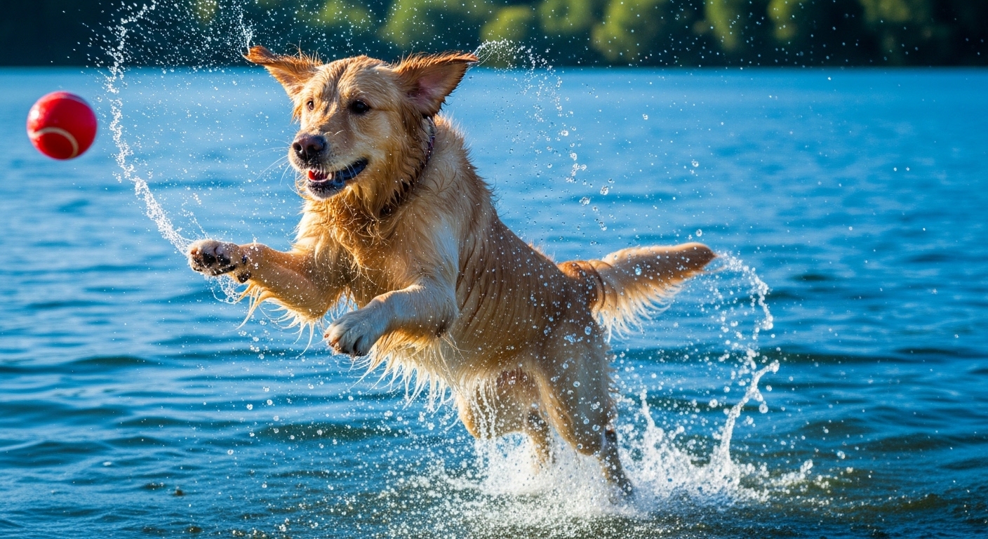 Golden Retriever leaping into a lake to retrieve a ball