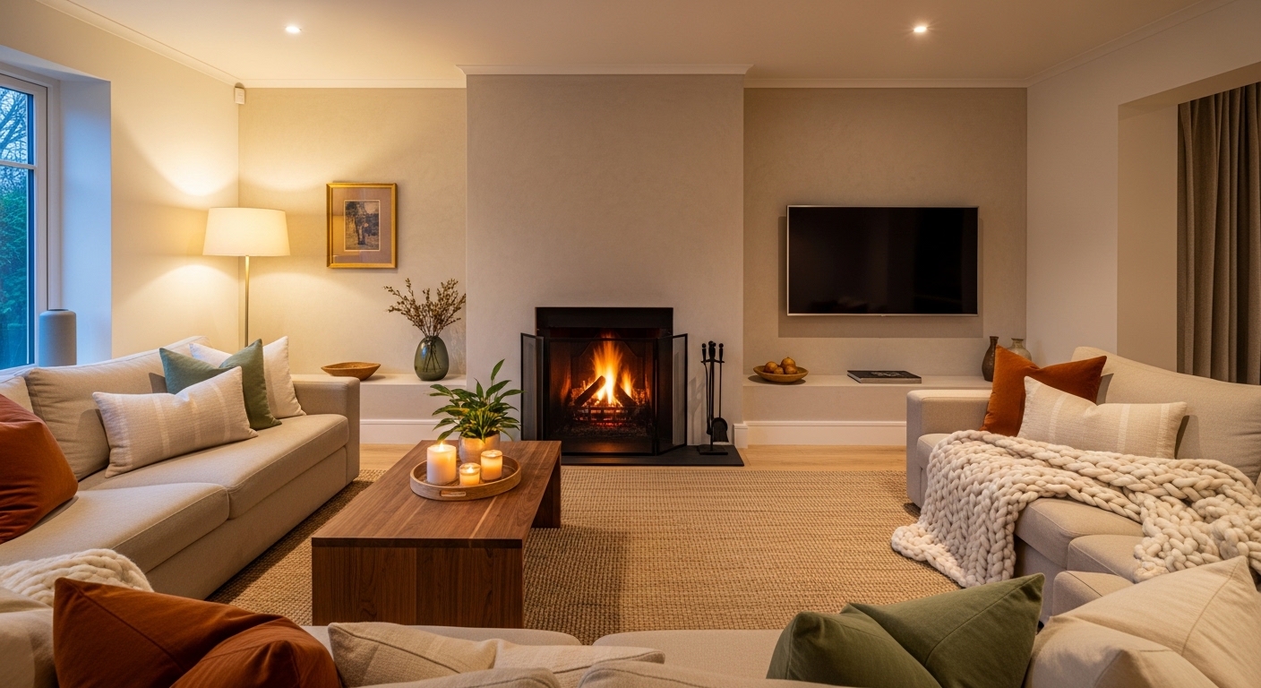 Fully styled cozy living room with unified fireplace and TV focal wall.