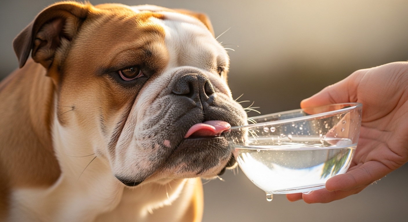 panting bulldog being offered water bowl outdoors in summer