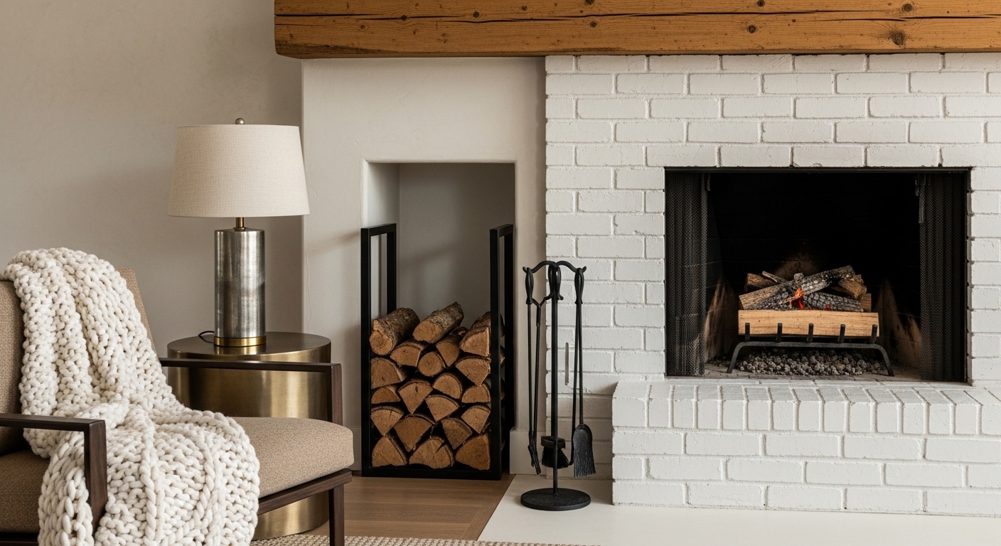 Farmhouse fireplace corner with wooden beam and cream armchair