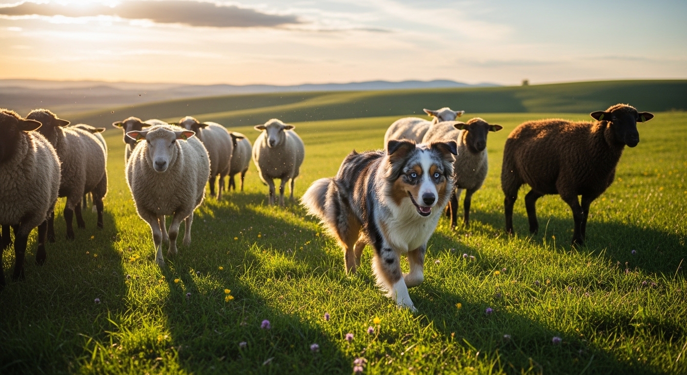 Australian Shepherd herding sheep in a green meadow