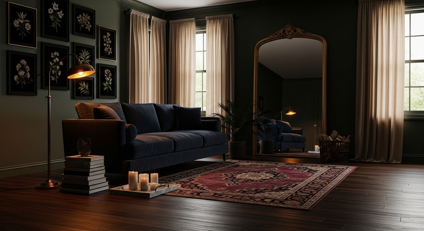 Dark moody living room with green walls and dark wood floors
