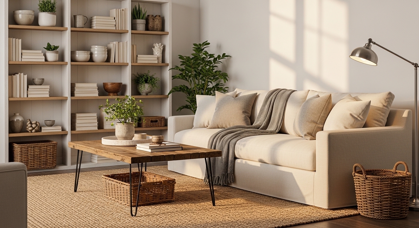 Linen slipcovered sofa with reclaimed wood coffee table and open shelving