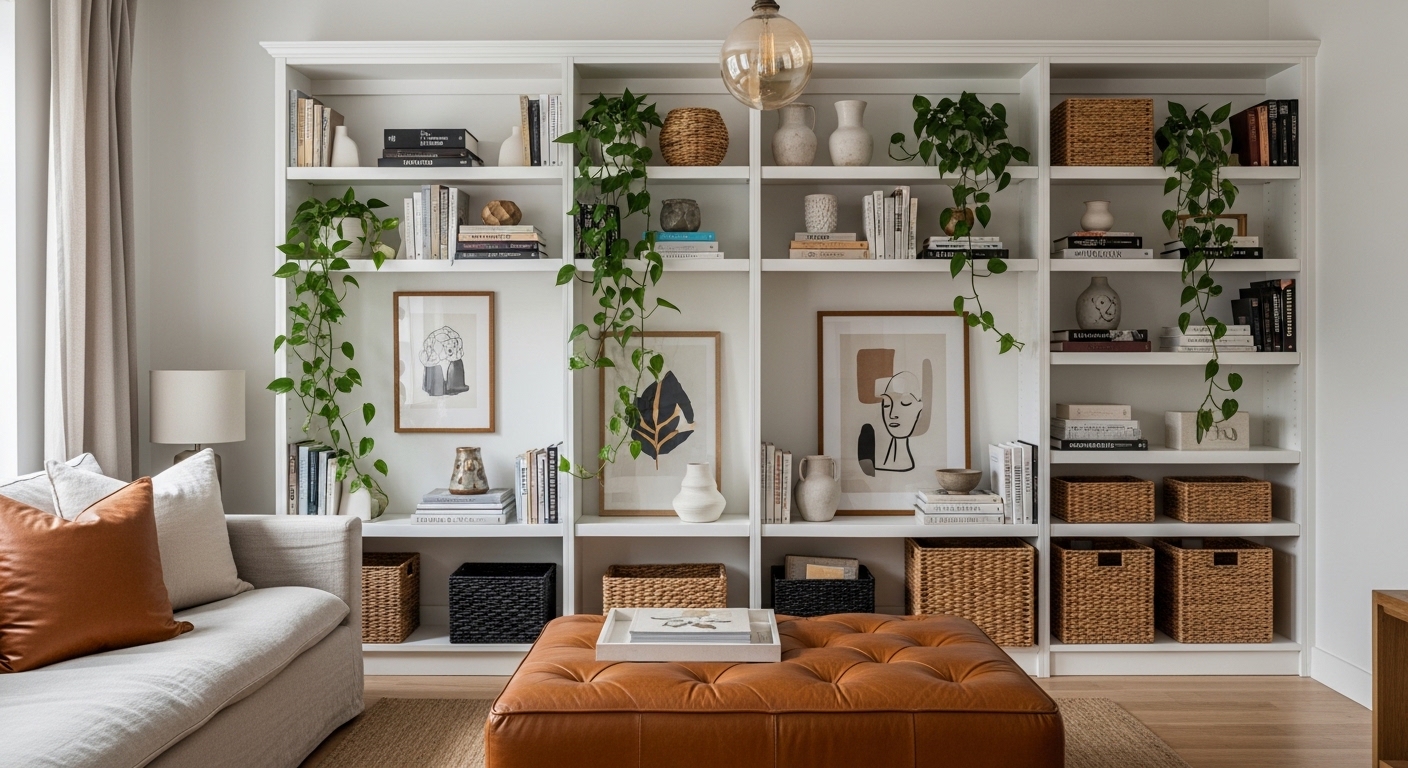 Floor-to-ceiling shelving with storage ottoman in small living room