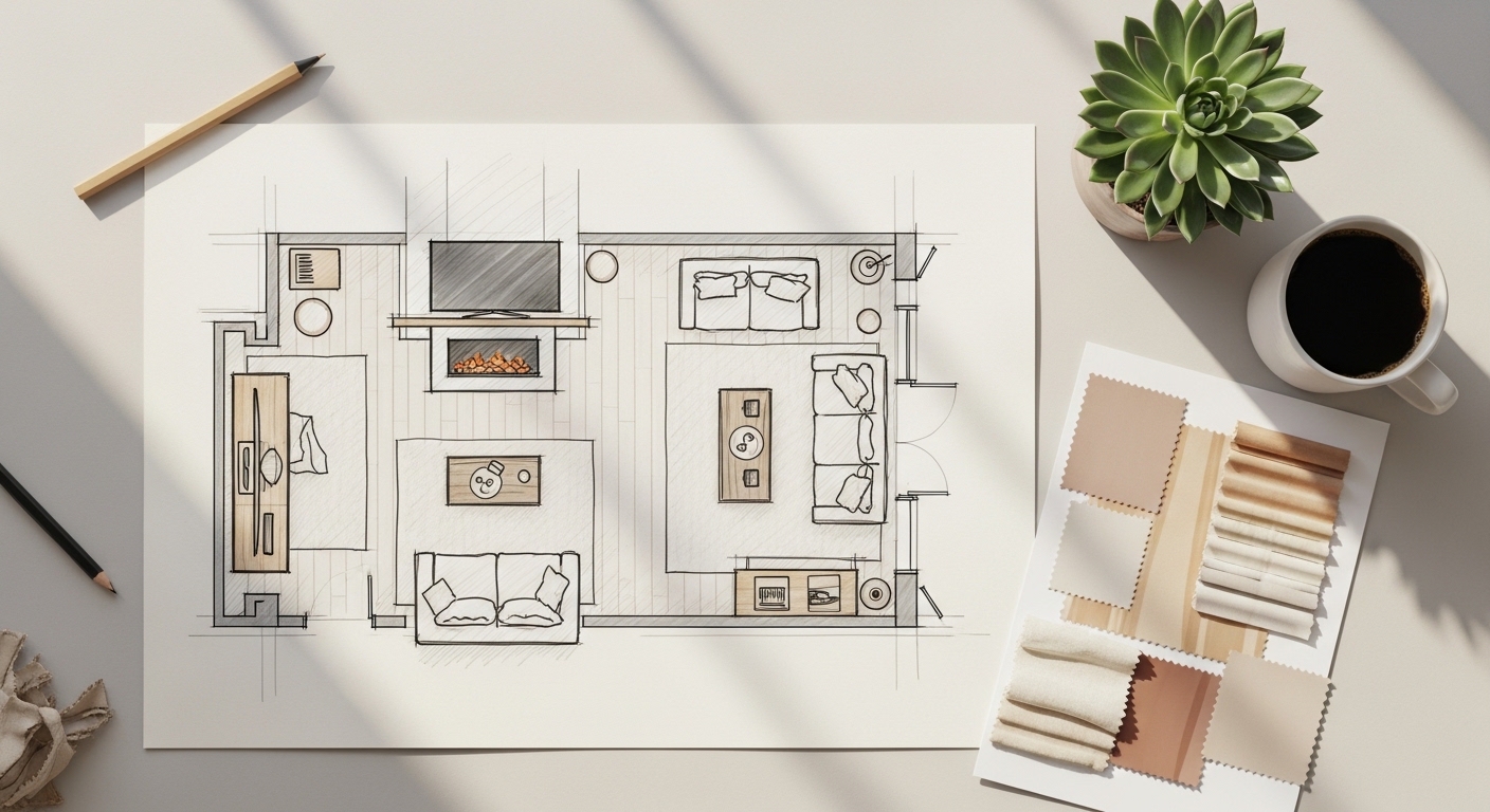Hand-drawn living room floor plan sketch with mood board and fabric swatches.