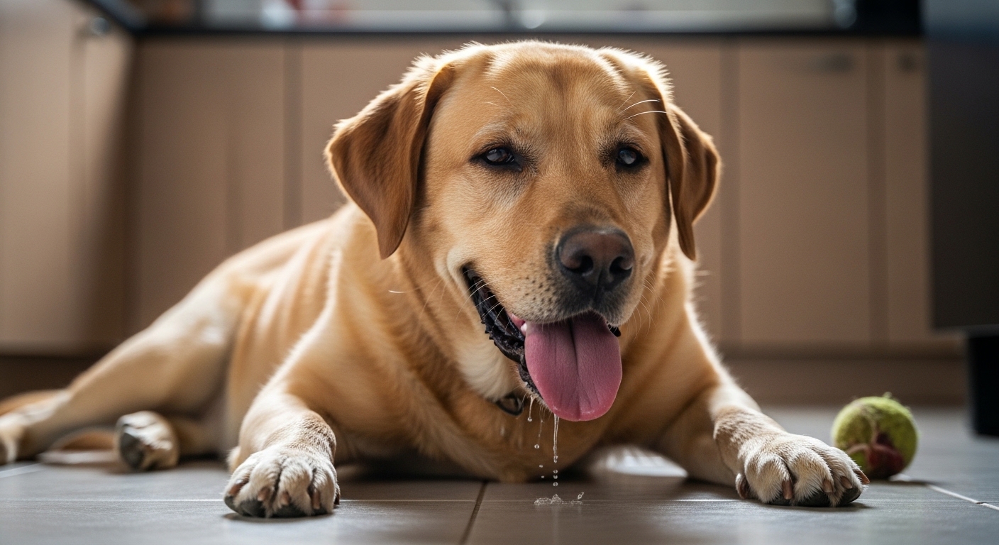 happy Labrador resting on kitchen floor after exercise