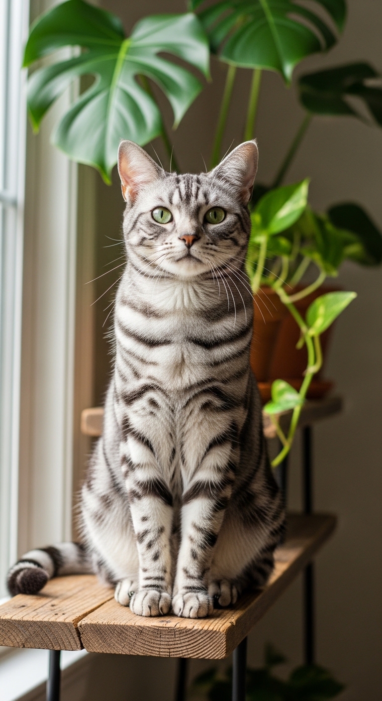 silver tabby cat with gleaming coat on wooden shelf near plants